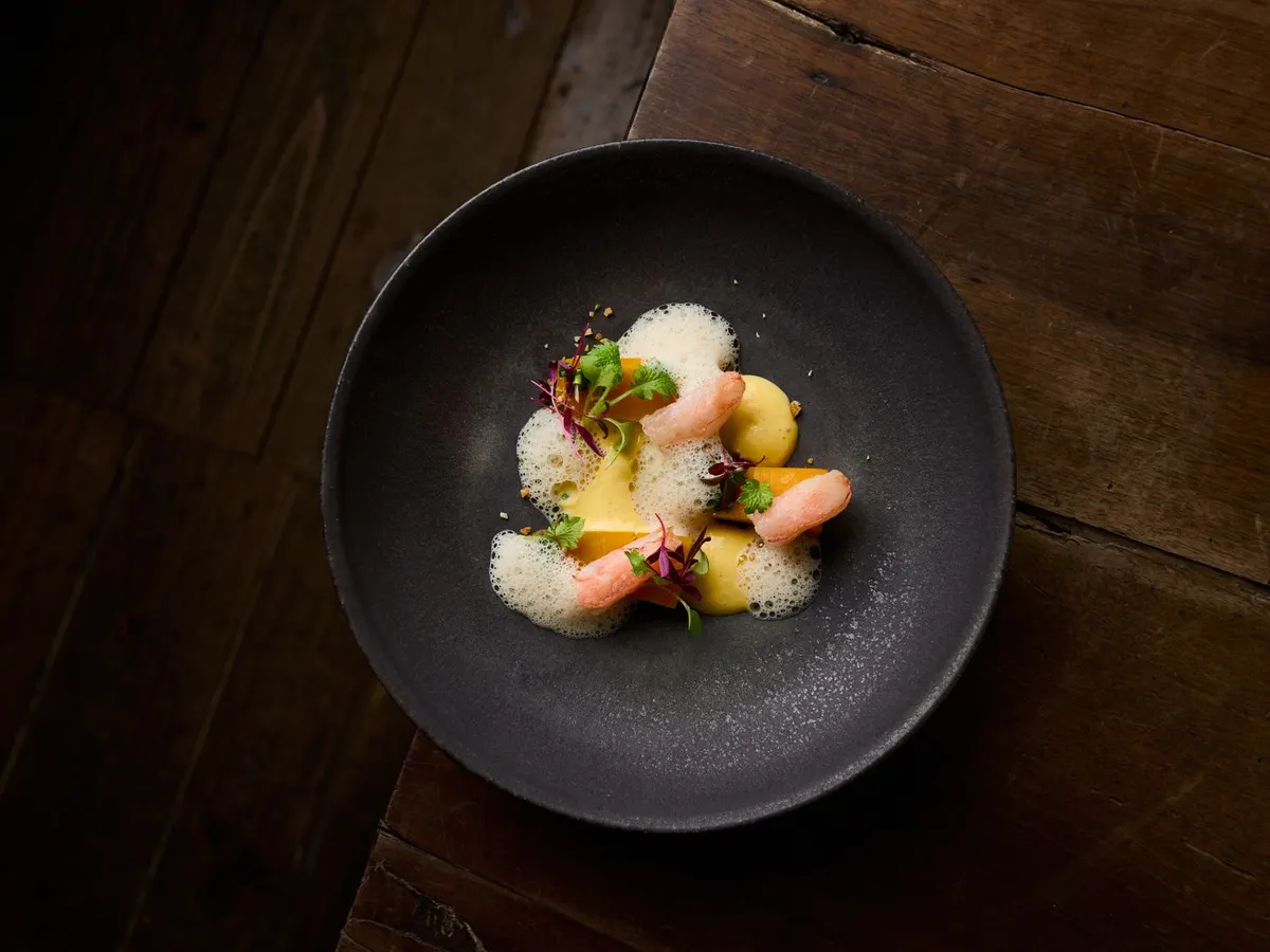 Emplatado elegante de mariscos con hierbas y microvegetales sobre plato negro